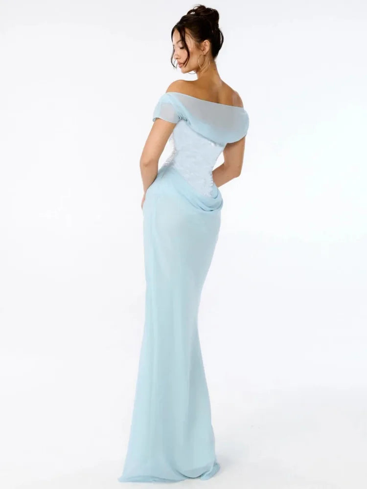 Blue Mesh Backless Bodycon Maxi Dress