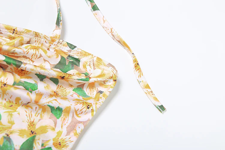 Floral Print Two Piece Set Halter Shirring Tube Camisole Peach Hip Skirt Sweet Matching Suits