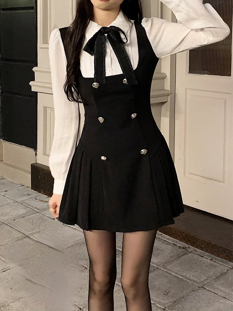 Fake Two Dress Slim Chic Long Sleeve Bow Casual Y2k Mini Dress Korean Short Dress