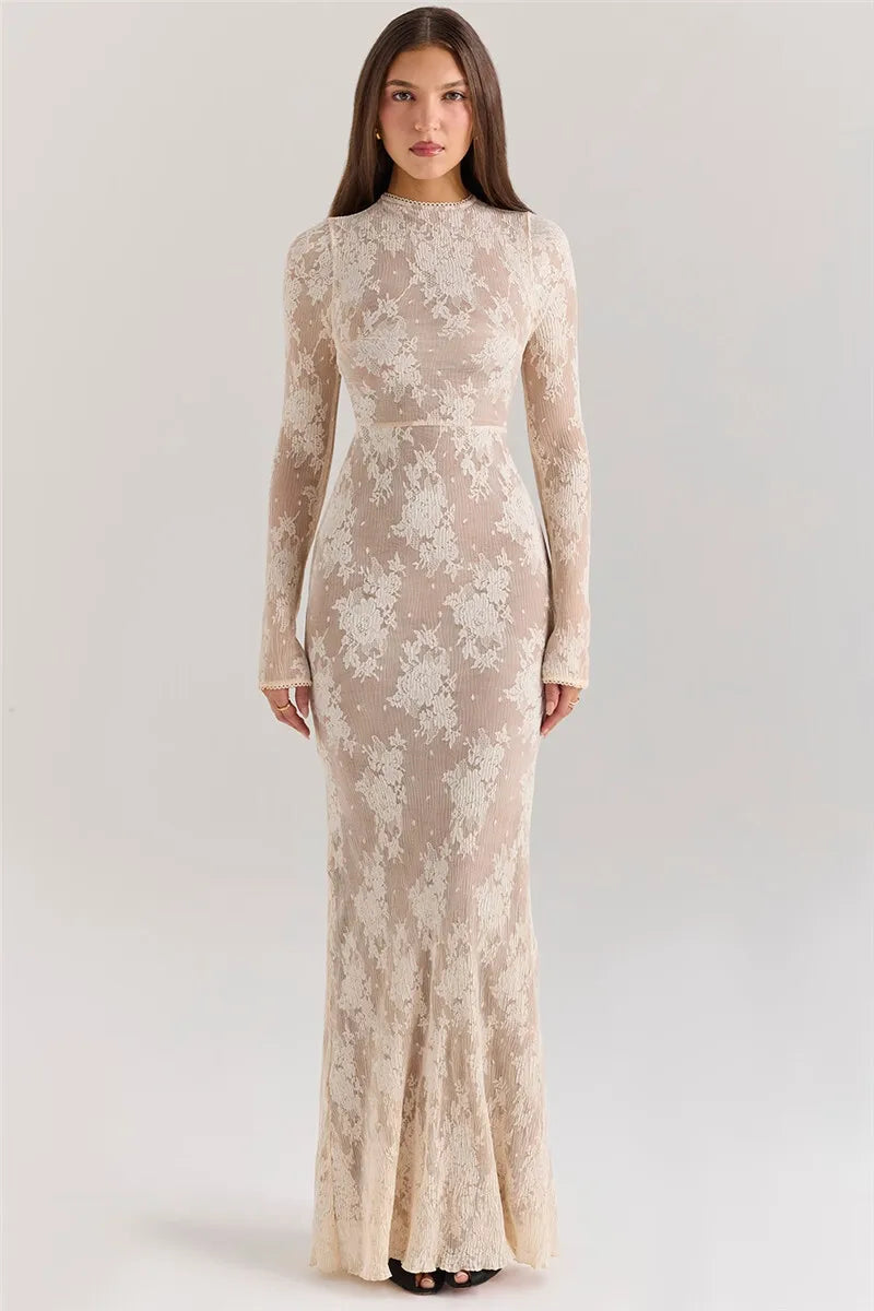 Lace Long Sleeve Maxi Dress White Zipper Half High Collar Bodycon Long Dress
