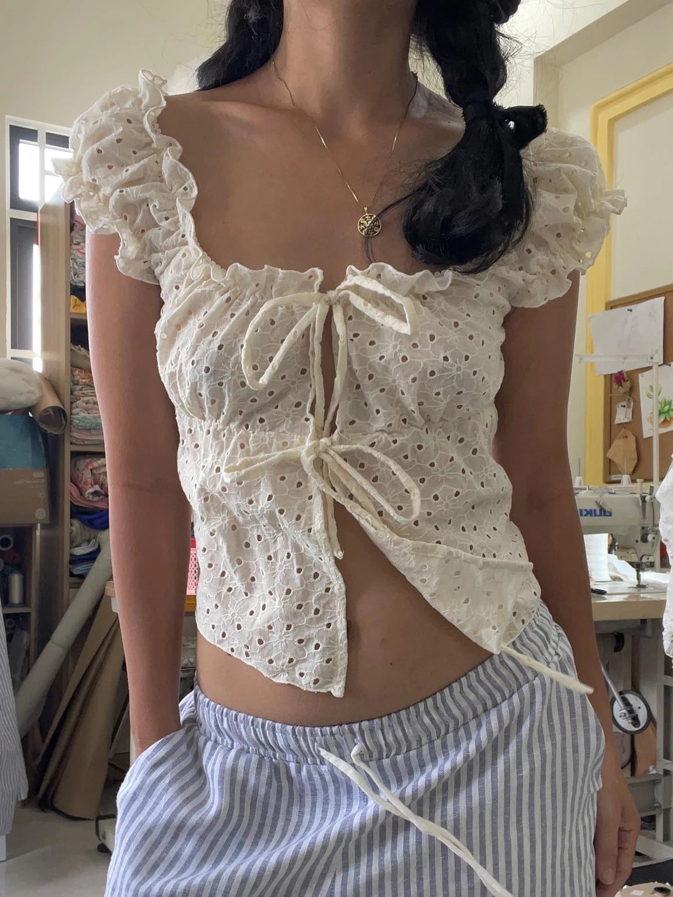 Hollow Out Slim Tee Shirts Lace Up Square Collar Top