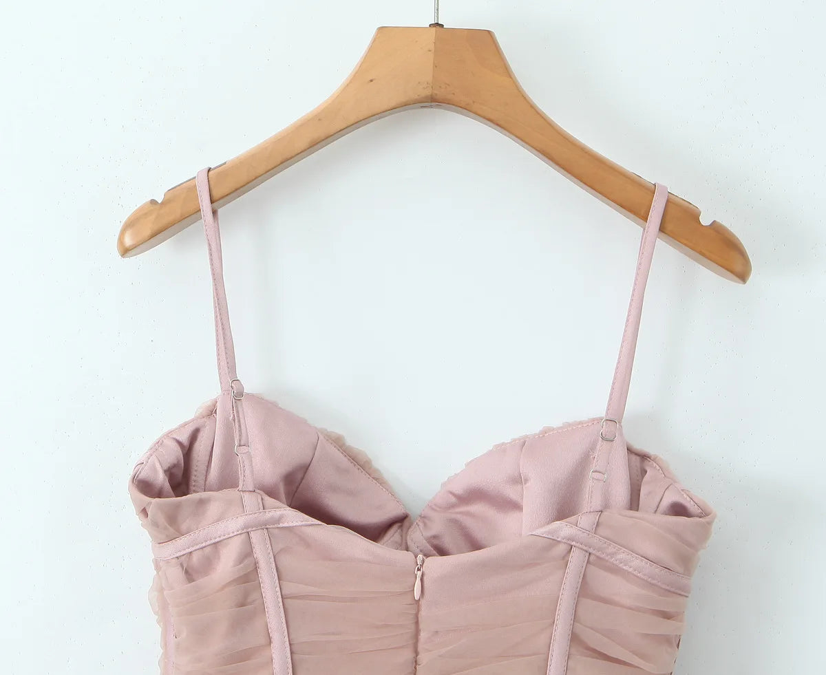 Spaghetti Strap Dresses Pink Puffy Cake Dress Mini Mesh Backless Dress