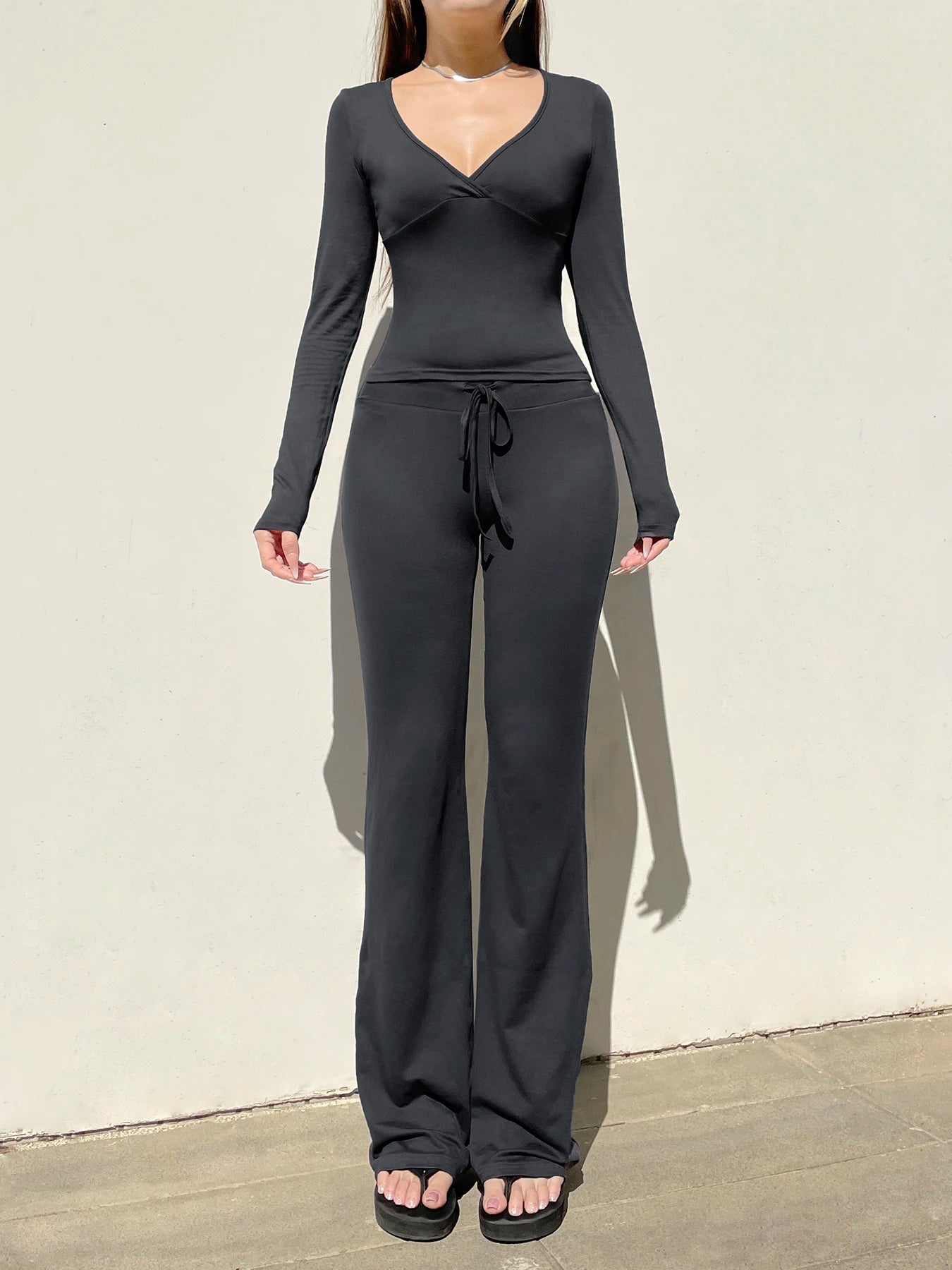 V-neck Top Full Length Pants Drawstring Suits Simple Slim Long Sleeves Low Waist