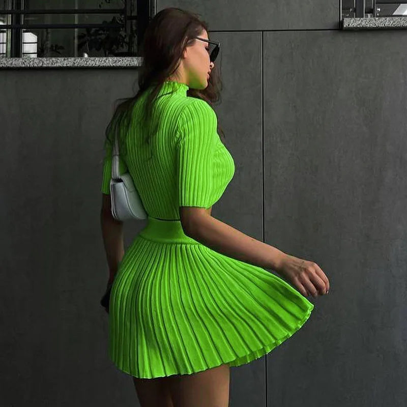 Knitted Pleated Top and Mini Skirt Set