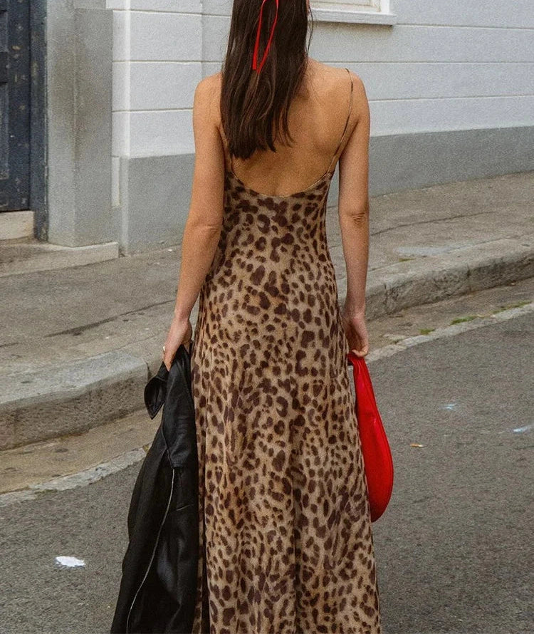 Leopard Dress Swing Collar Spaghetti Straps Backless Ruffles