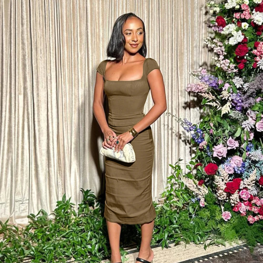 Knee Length Midi Dress Olive Green One Piece Dress Slim Square Neck and Cape Sleeve Office Lady Dress
