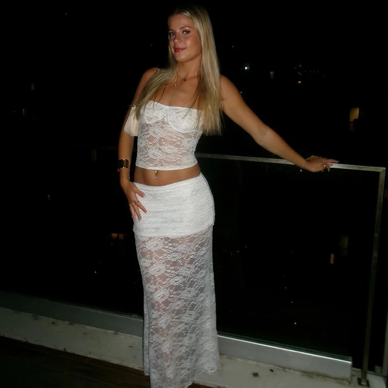 'S Slim Lace Patchwork See-Through Back Mesh Three-Dimensional Bow Camisole Top Bustier Skirt Set