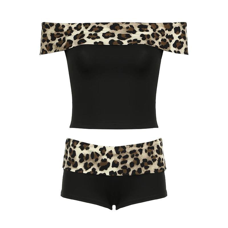 Leopard Patchwork 's Two Piece of Sets Slash Neck Crop Top and Low Waisted Shorts