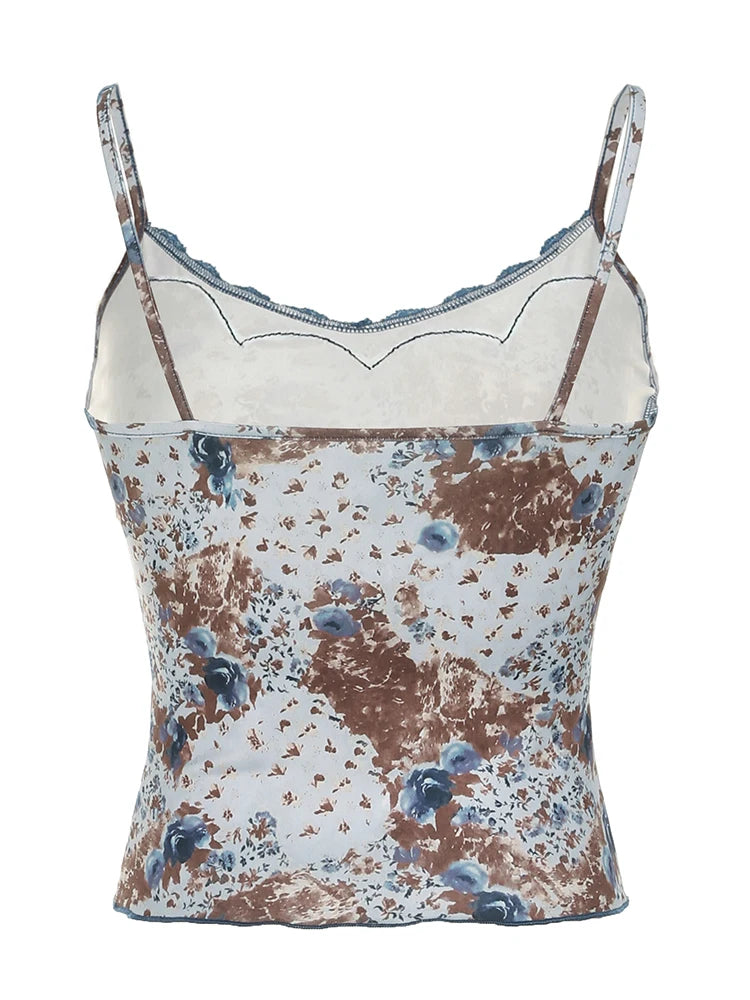 Floral Print Lace Sleeveless Camisoles Slim Backless Top