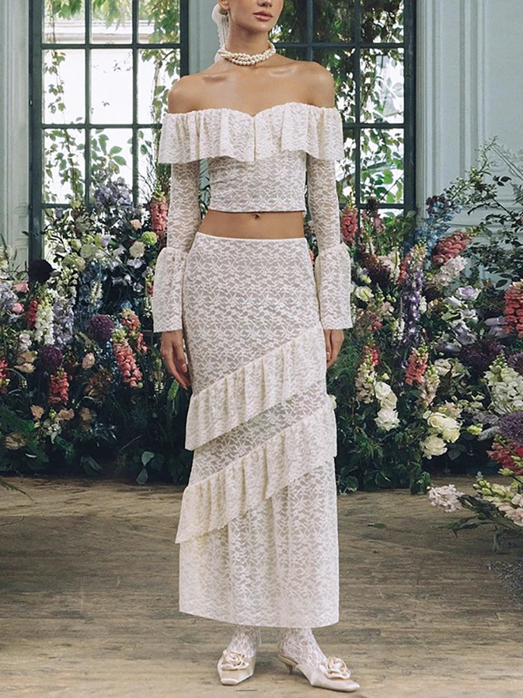 Transparent Lace Two Piece Sets Skirt Suit White Flare Sleeve T-shirt Long Skirt Skirt Set