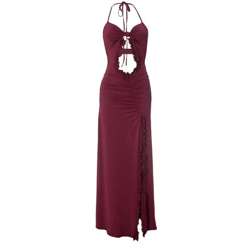Color Patchwork Skeleton Hanging Neck Halter Shrink Pleated Lace High Slit Dress
