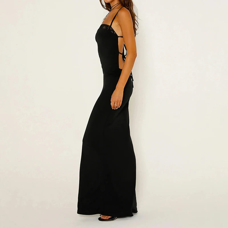 Long Dress Lace Patchwork Black Sleeveless Sundresses