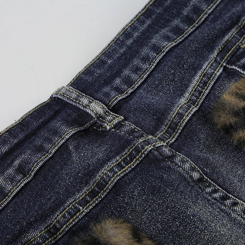 Low Waisted Button Up Mini Shorts Leopard Print Fur Patchwork Bottoms