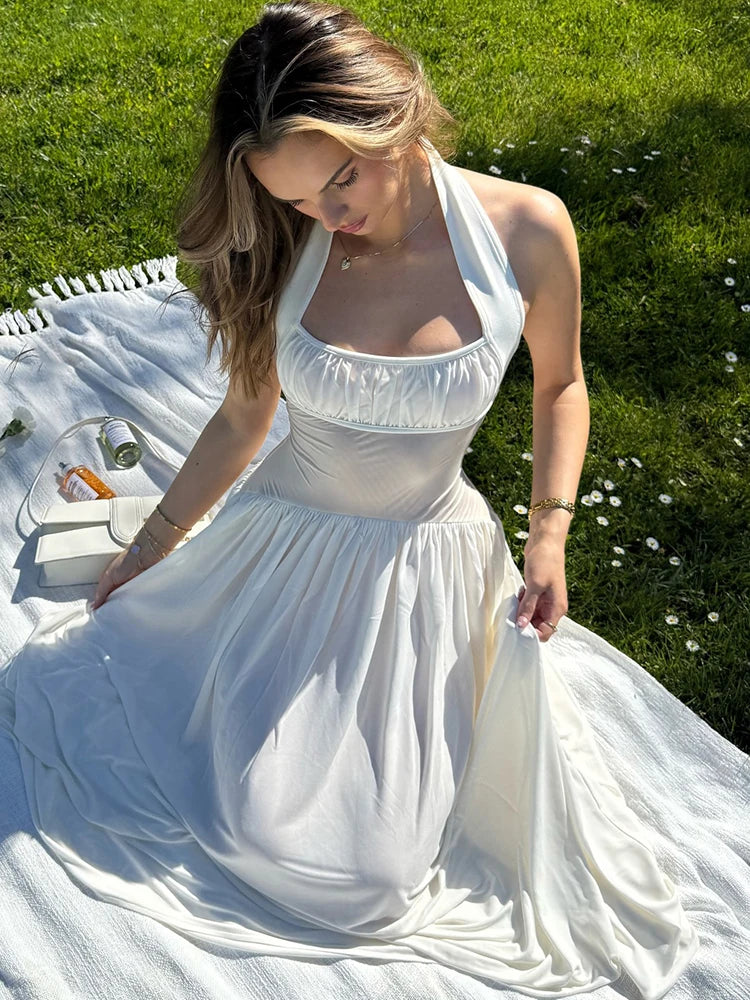 White Mesh Sheer Halter Backless A-Line Maxi Dress