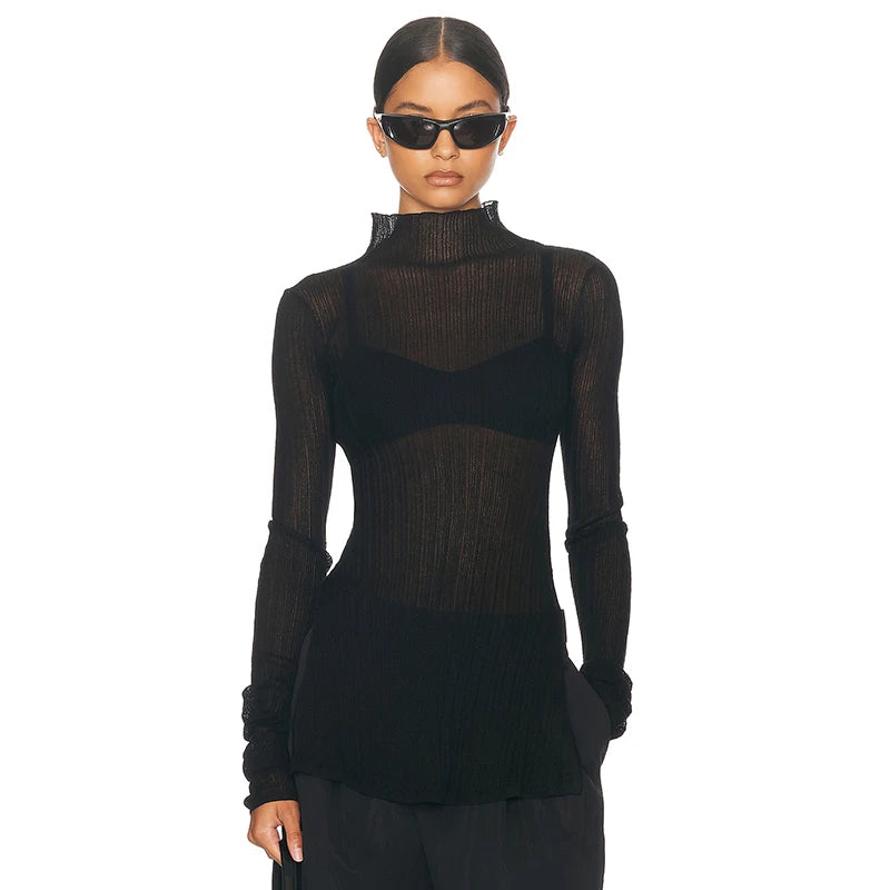 See Through Neck Pullover T-Shirt Long Sleeve Split Ribb Knit Top Side Slit