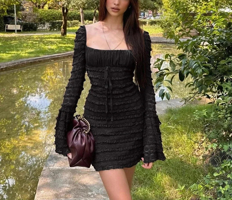 Slim Fitting Backless Low-cut Lace Up Mini Dress Texture Long Sleeve Dress