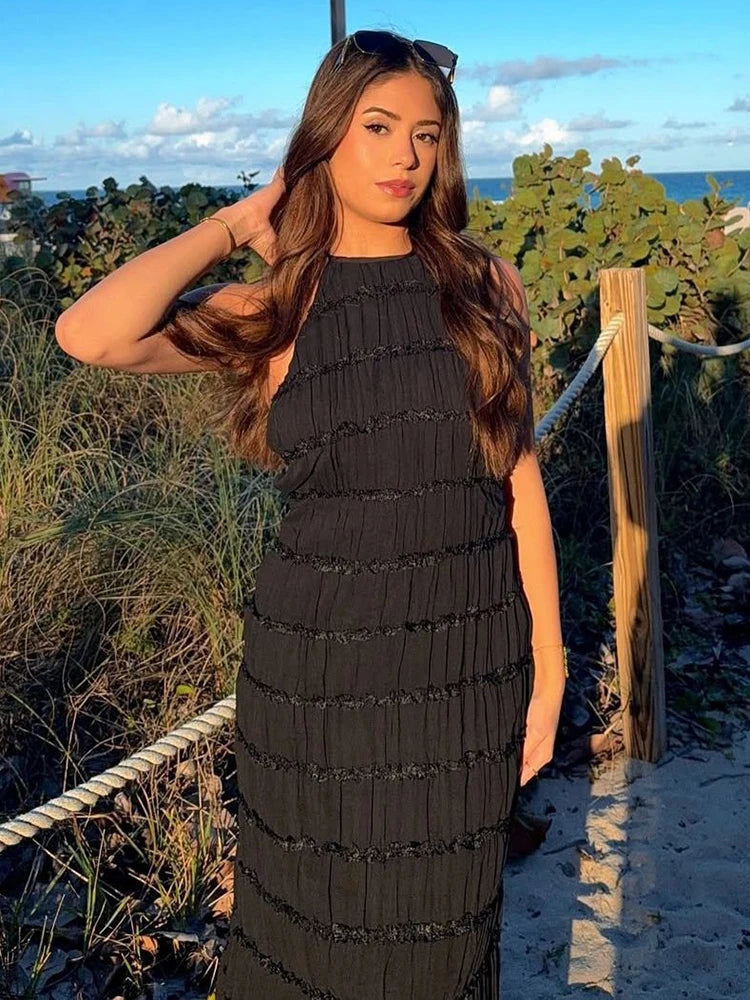Backless See Through Halter Maxi Dress Sleeveless High Waist Dress Loose