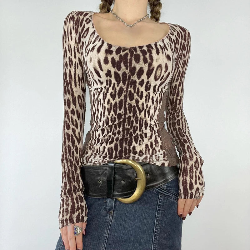 Leopard Print 's Top Tee Lace Patchwork Brown Slim Shirts Long Sleeves Crewneck