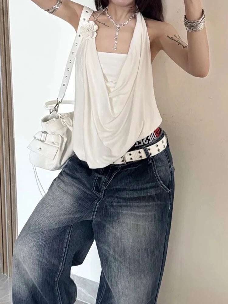Sweet Two Tops Mini Wrap Halter Top with 3D Flowers
