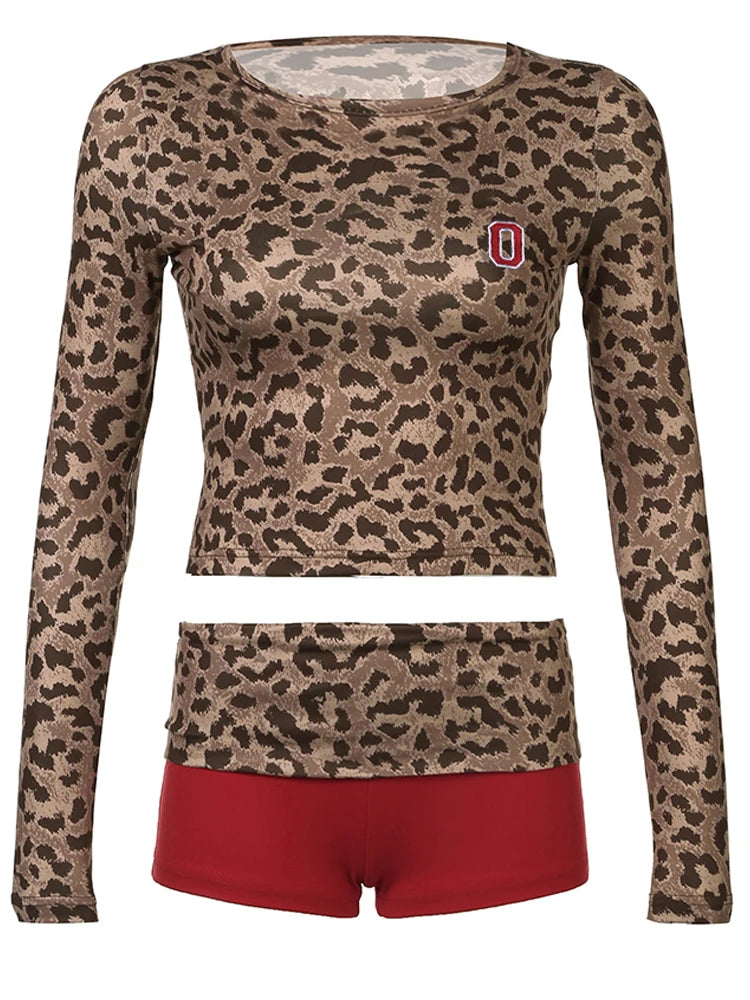 Crewneck Two Pieces of Sets Leopard Print Tee Shirts anf Patchwork Shorts 's Slim