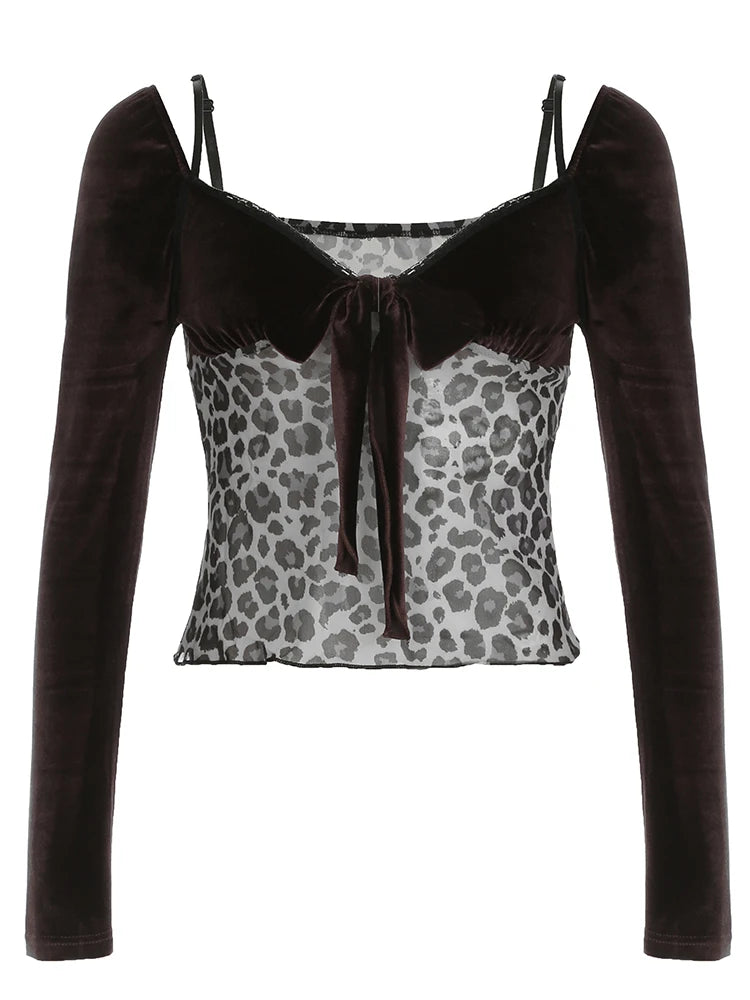 Lace Patchwork Leopard print T-shirts Lace-up Long Sleeves Strap Retro Top