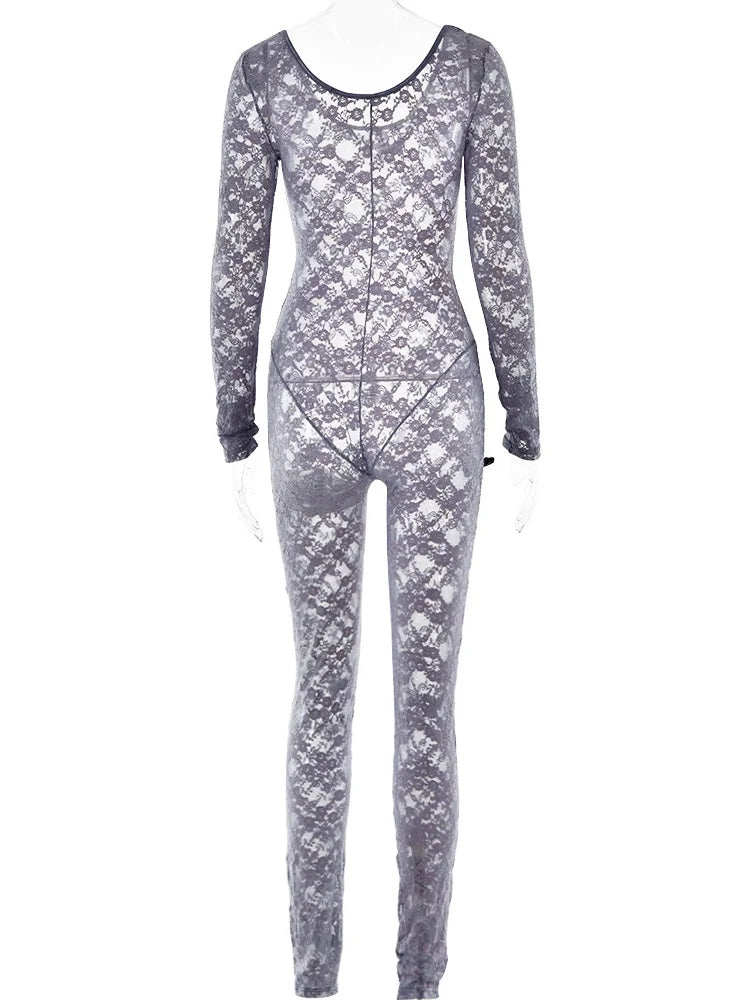 Lace Transparent Thin Solid Jumpsuit Long Sleeve Slim Fit Sheer Night Street Jumpsuit
