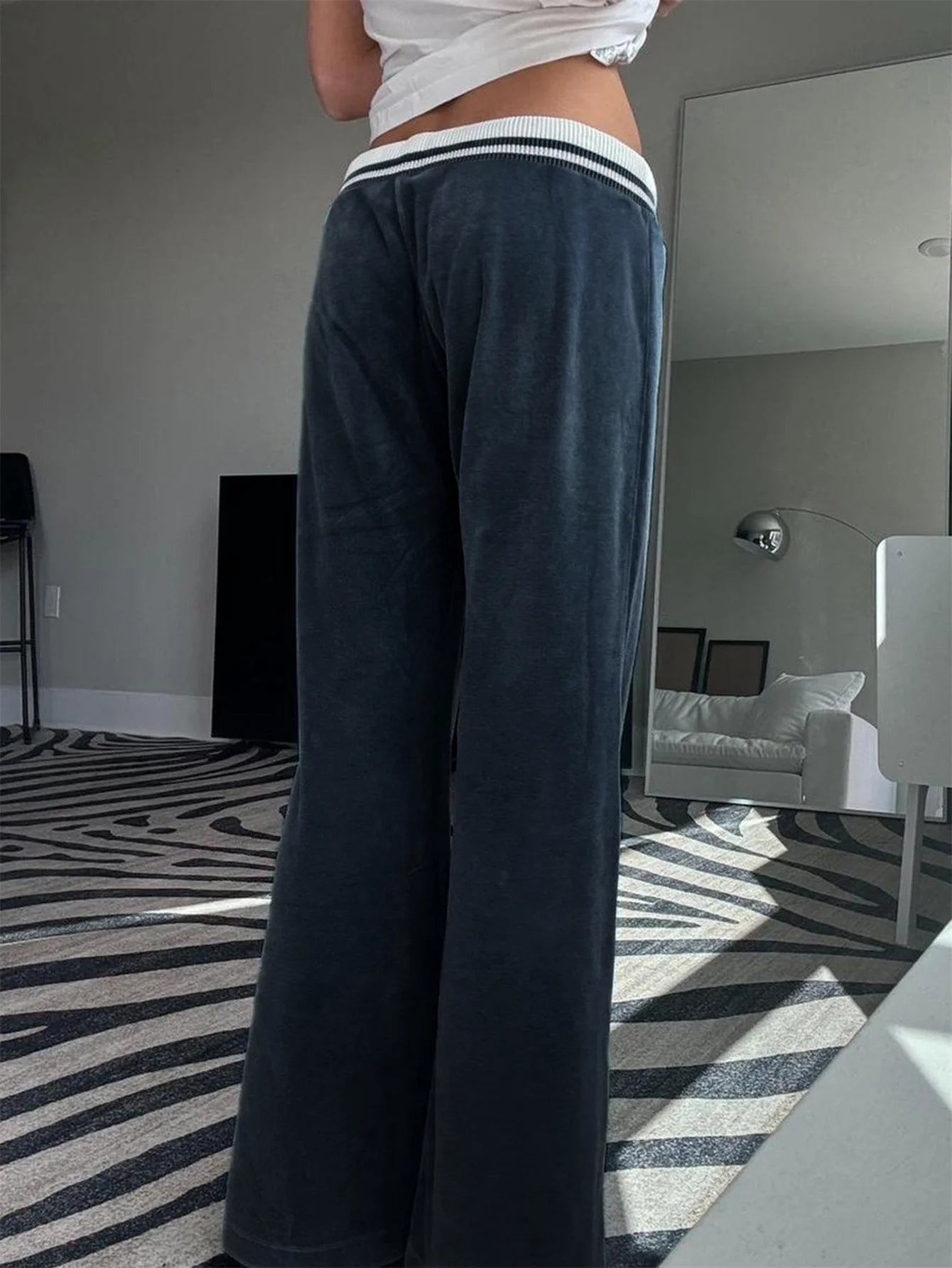 Patchwork Loose Velvet Pants Lace-up Wide Leg Trousers Baggy 's Bottoms