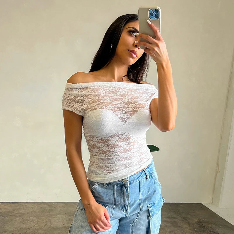 Lace See-Through One-Shoulder Short-Sleev Top Top