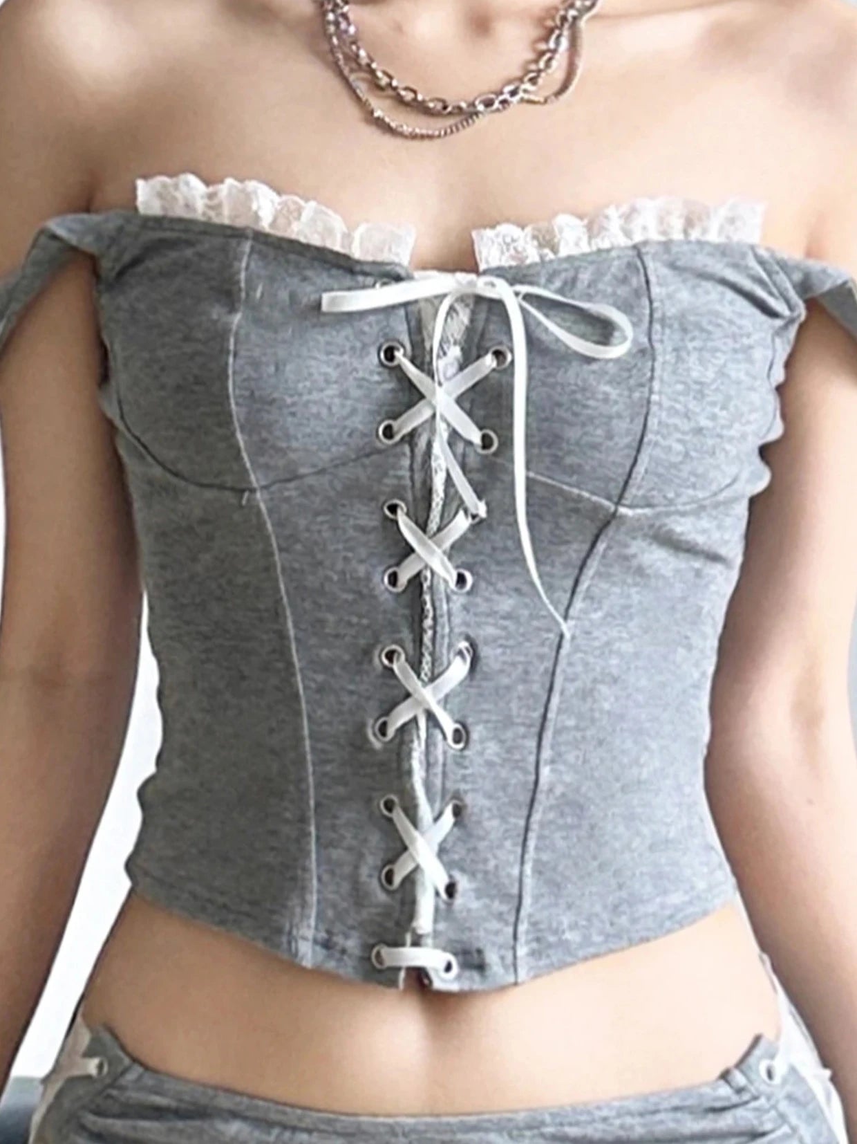 Gray Lace Trim Top