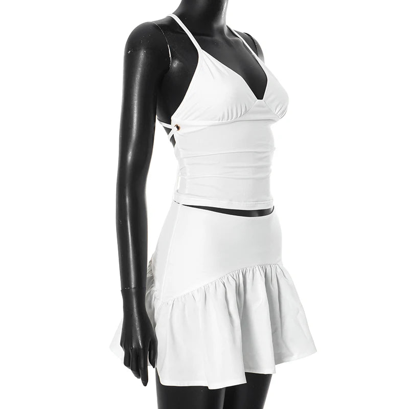 Tie Rope Pleat Hollow Out Big Backless Halter Top Low Wait Package Hip Ruffle Skirt Set