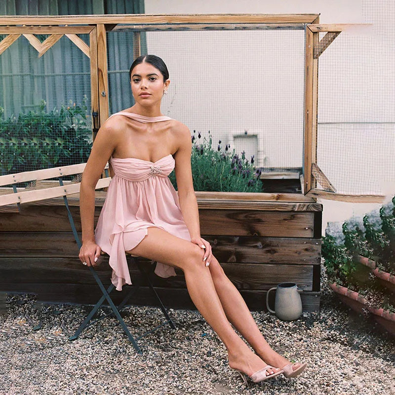 Floral Mesh Backless Strapless Mini Dress