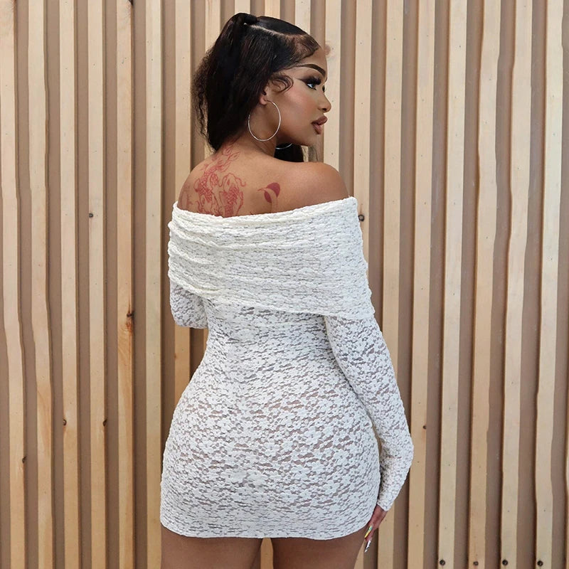 Off Shoulder Slah Neck Long Sleeve Meh Dress Hollow Out Wrap Dress
