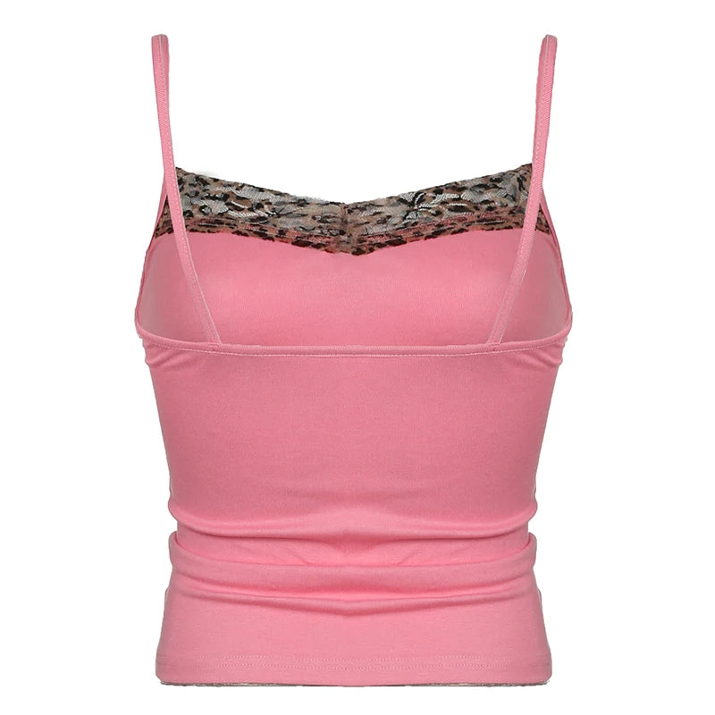 Leopard Patchwork Camisole Sleeveless Bow Pink Retro 's Crop