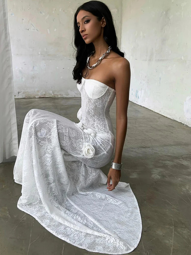 Strapless Transparent Lace Flowers Maxi Dress Backless Evening Dress