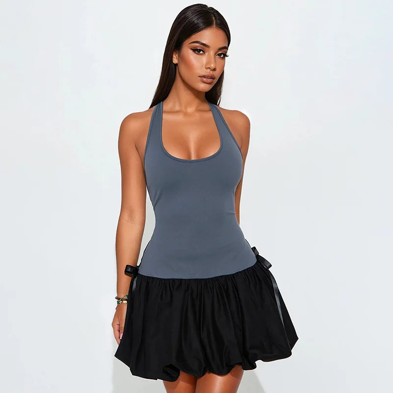 'S Color Collision Patchwork Sleeveless Vest Bow Decorated Bud Mini Dress Girl