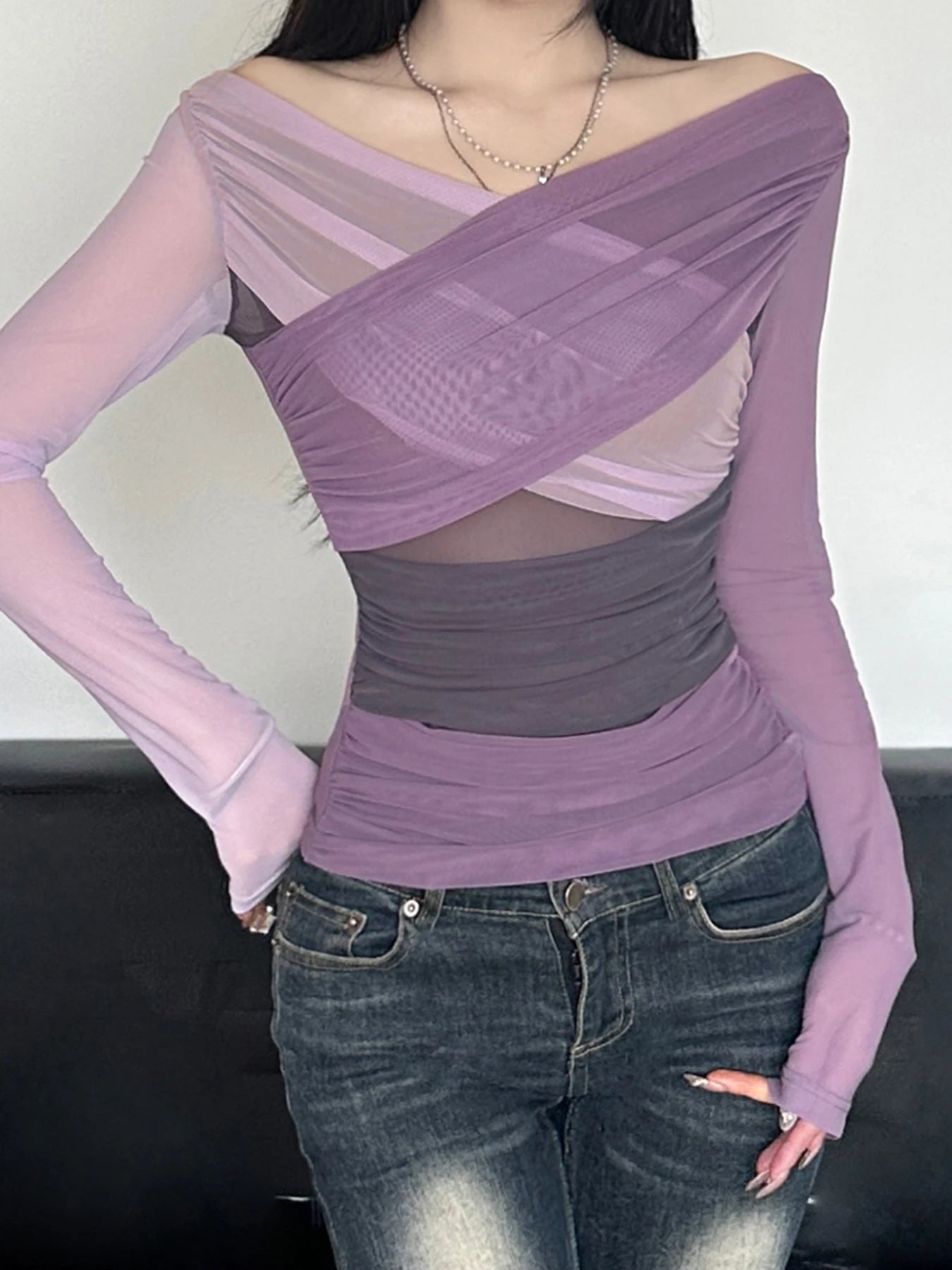 Patchwork Asymmetry Slim Tee Shirts Long Sleeves V-neck 's