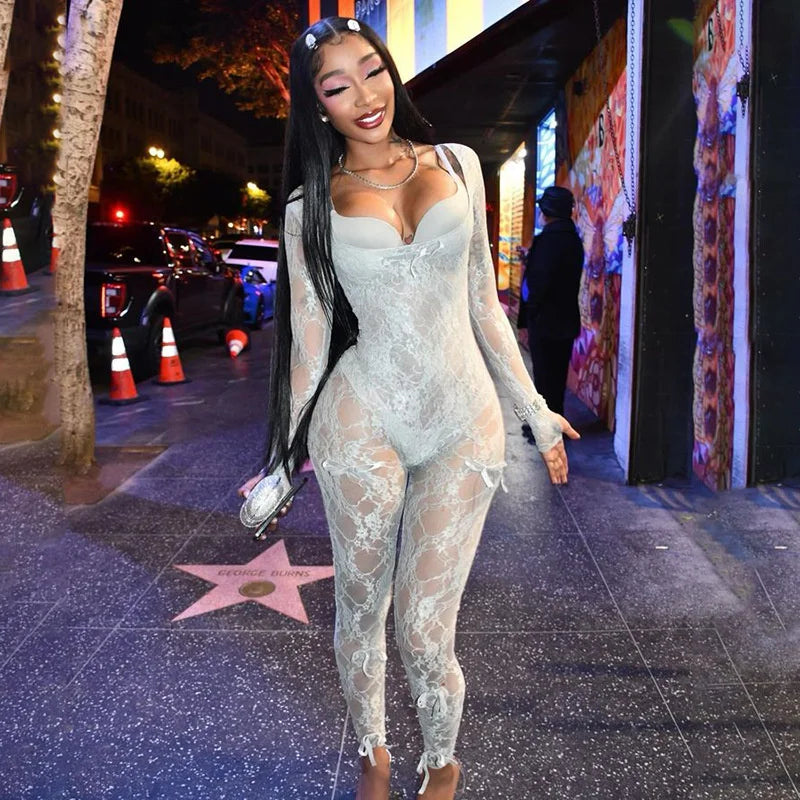 Lace Transparent Thin Solid Jumpsuit Long Sleeve Slim Fit Sheer Night Street Jumpsuit