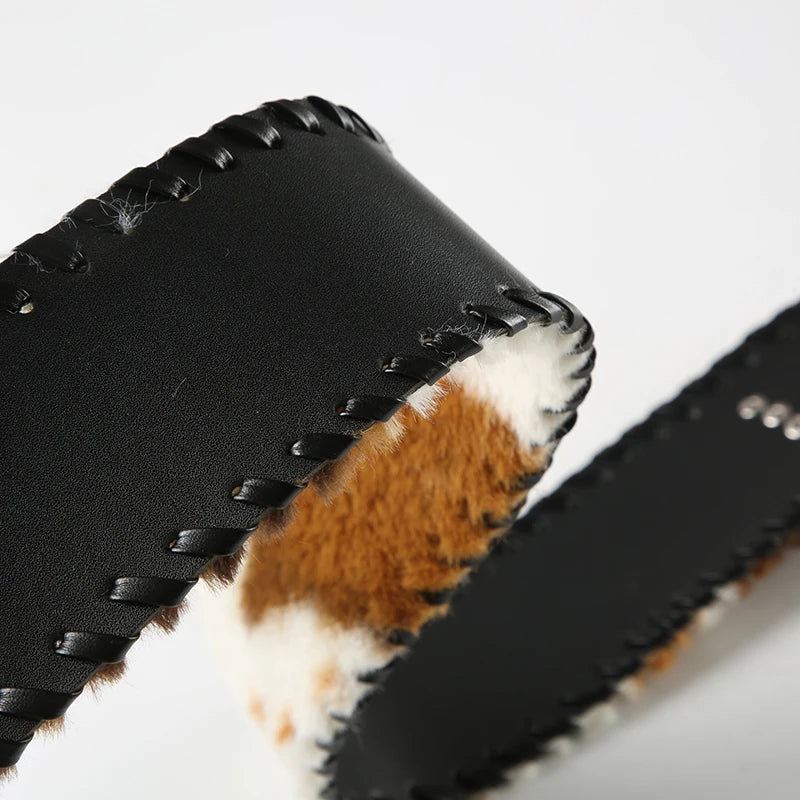 Cow Stripe Furry PU Belts Fairycore Grunge Leather Sashes Adjustable Accessories