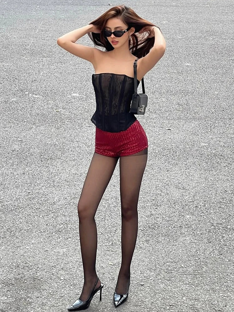 2-Piece Set Mesh Strapless Top Mini Sequins Shorts Midnight Midnight tie Matching Suits
