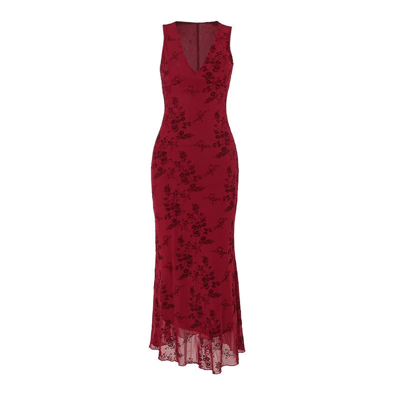 Printed Deep V Long Dress Floral Contrast Color Sleeveless Waist Slim Dress Long Dress