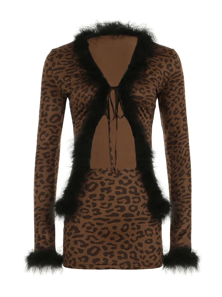 Leopard Print Two Pieces of Sets 's Lace-up Coats and Mini Skirts Long Sleeved