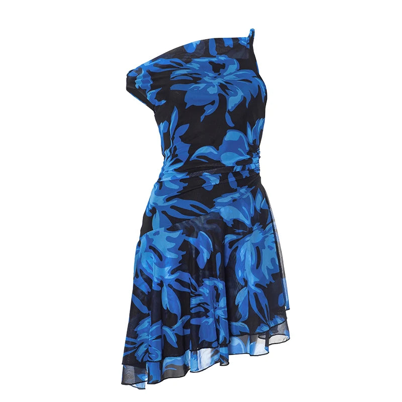 'S Printed Shrinking Pleated Irregular Lace Twisted Rope Shoulder Sleeveless Waisted Short Dress