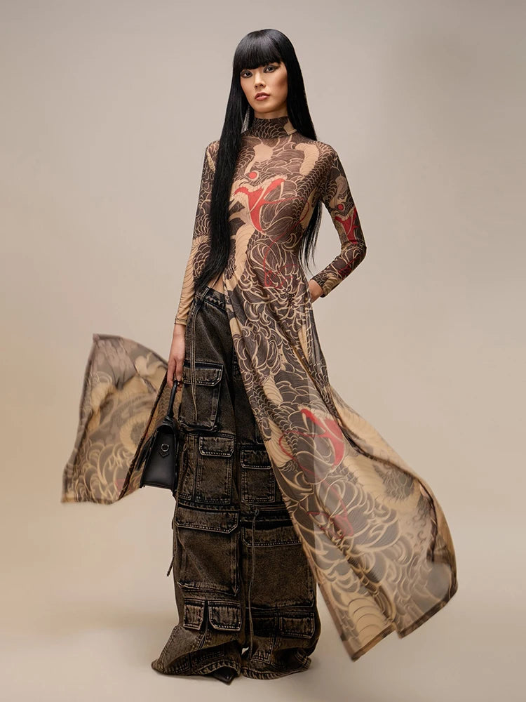See Through Blouse Snake Print Half-High Neck Long Sleeves High Slits High Elasticity Long Top