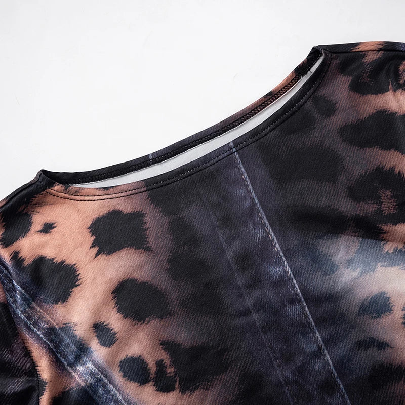 And Leopard Slim Flared Long-Sleeved Hip Short Skirt
