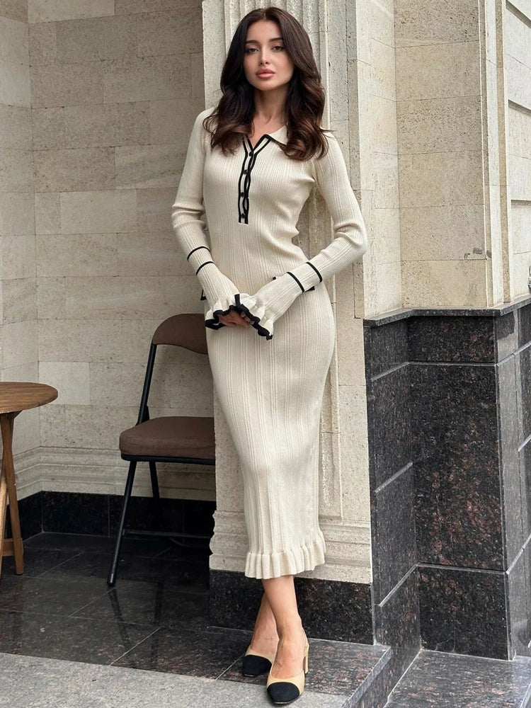 Ruffled Patchwork Knit Maxi Dress Ribbed Long Sleeve Dress Gown Slim Knit Long Dress