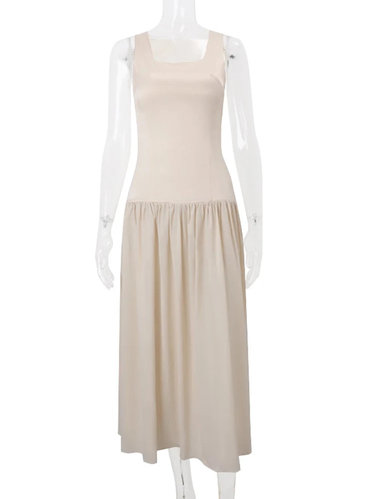 U-neck Maxi Dress Apricot Sleeveless High Waist Dress