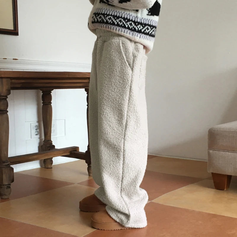 Loose Lamb Wool Trousers Drawstring Wide Leg Pants Pockets Bottoms