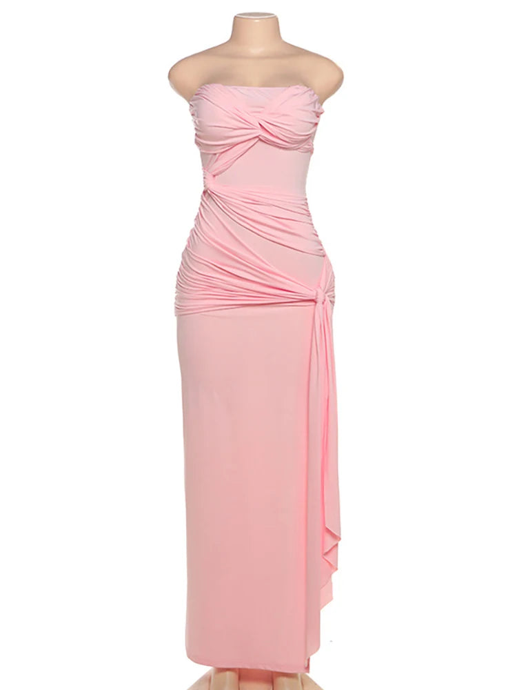 Strapless High Slit Maxi Dress Pink Backless High Waist Dress