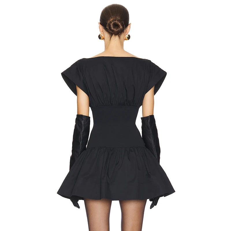 One-Piece Neck Fly Sleeve Shrunken Pleat Pullover Ruffle Wait Cinching Dress
