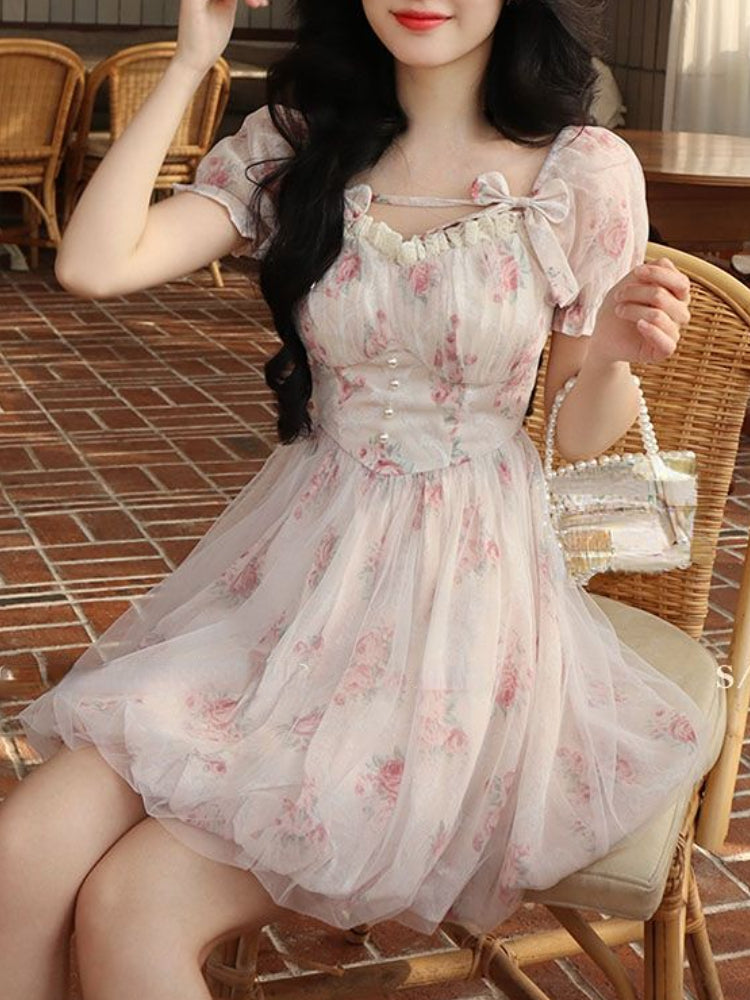 Floral Mini Dress Print French Fairy Dress Korean Cute Mini Dress